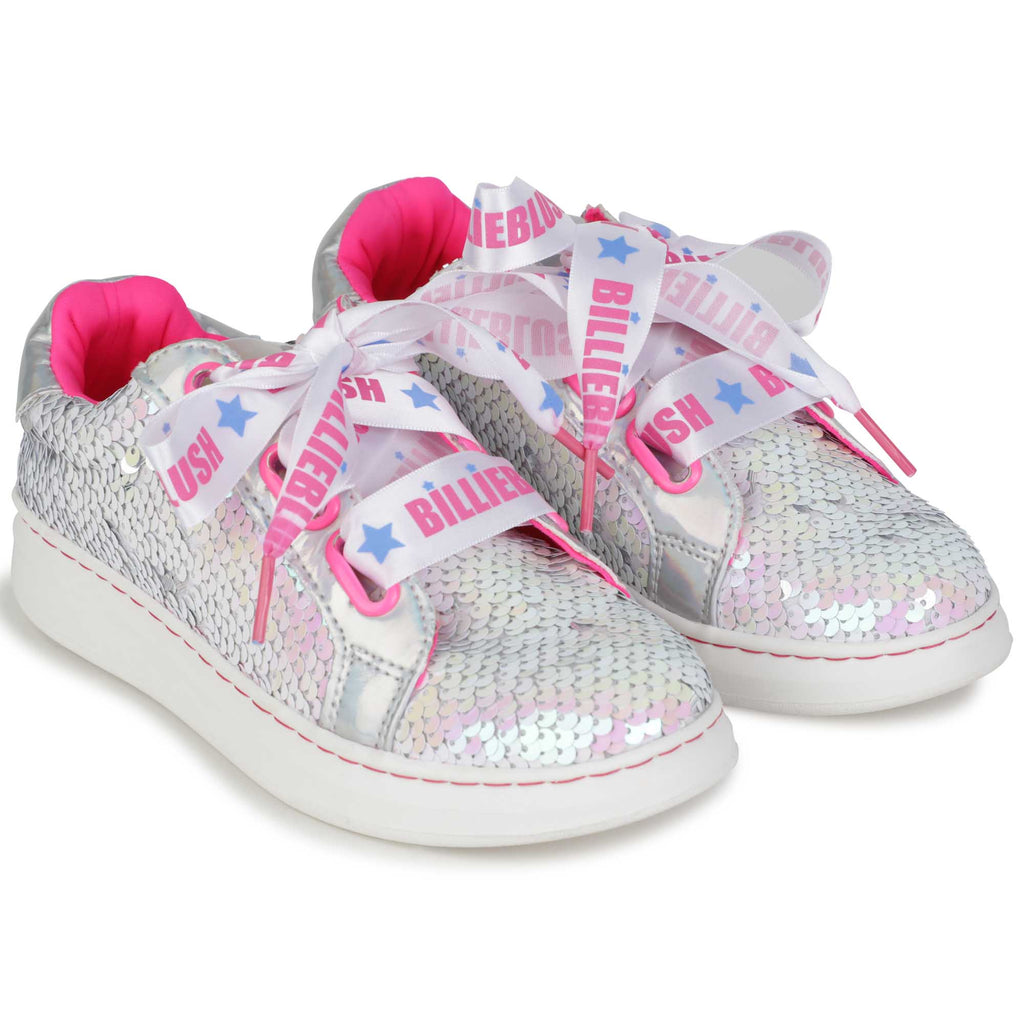 SS23 Billieblush Pink & Silver Sequin Logo Ribbon Trainers