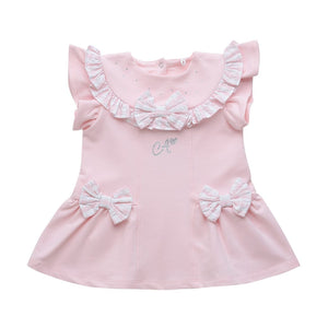 SS23 Little A GEMMA Pale Pink Bow Frill Dress & Knickers Set