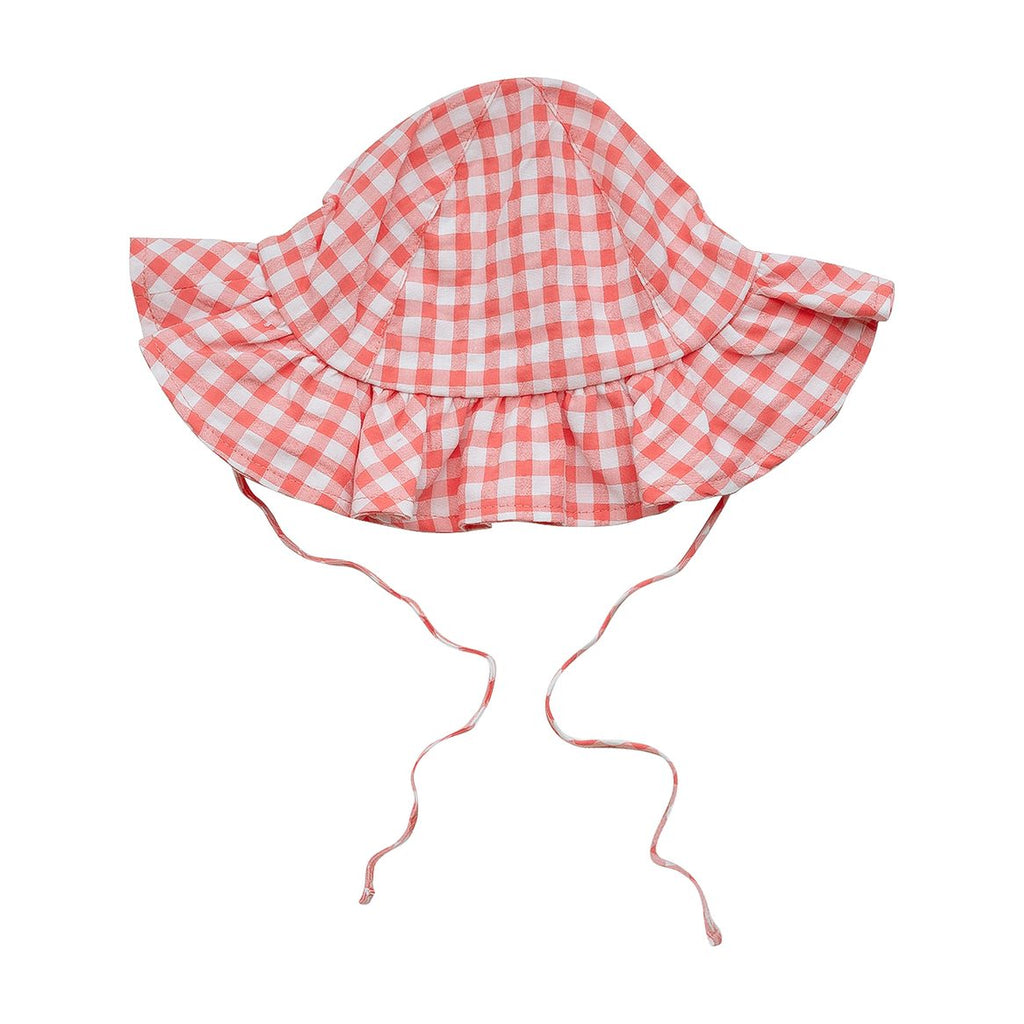 SS23 Little A HAPPY Bright Coral & White Checked Sunhat