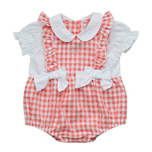 SS23 Little A HELGA Bright Coral & White Checked Bow Romper