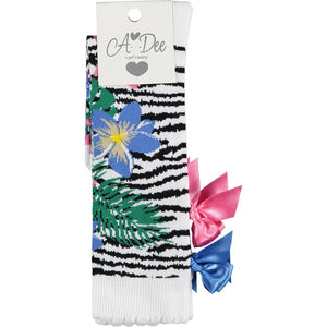 SS23 ADee WES Bright White Multicoloured Floral Bow Zebra Print Knee High Socks