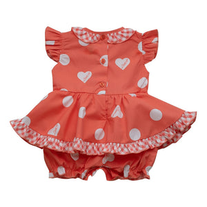 SS23 Little A HOPE Bright Coral & White Polka Dot Heart Checked Bow Frill Romper