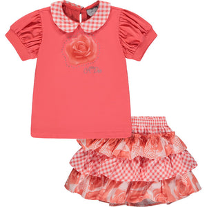 SS23 ADee YVONNE Bright Coral & White Rose Checked Triple Frill Skirt Set