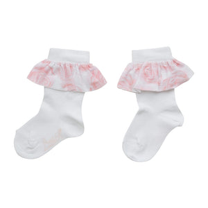 SS23 Little A GEORGIE Bright White & Pink Floral Frill Knee High Socks