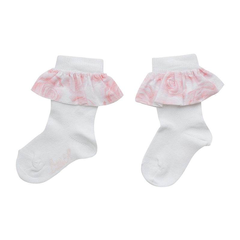 SS23 Little A GEORGIE Bright White & Pink Floral Frill Knee High Socks
