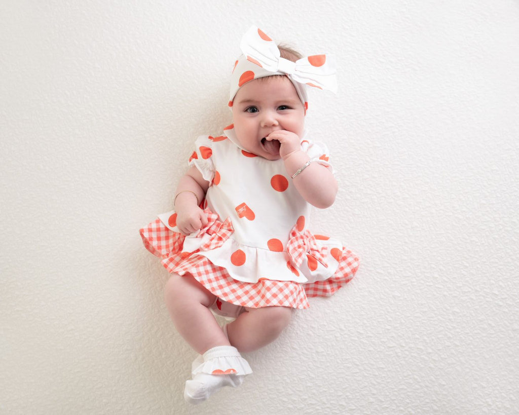 SS23 Little A HOOPER Bright White & Coral Rose Checked Polka Dot Heart Bow Frill Romper
