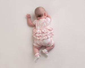 SS23 Little A GLORIA Bright White & Pink Rose Bow Frill Romper
