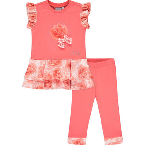 SS23 ADee YING Bright Coral & White Rose Print Checked Bow Leggings Set