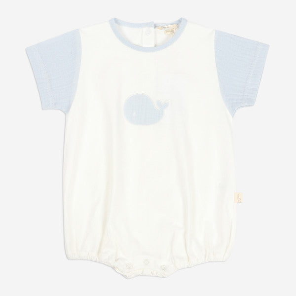 Baby Gi Pale Blue & Ivory Cotton Sea Whale Romper