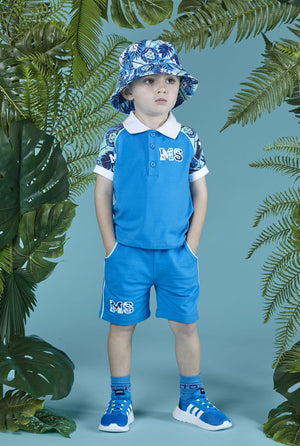 SS23 Mitch & Son KEANU Bright Blue Green & White Lion Logo Leaf Patterned Polo & Shorts Set