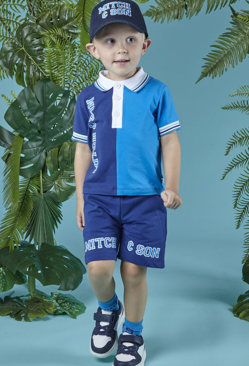 SS23 Mitch & Son KODI Blue Green & White Logo Stripe Contrast Polo & Shorts Set