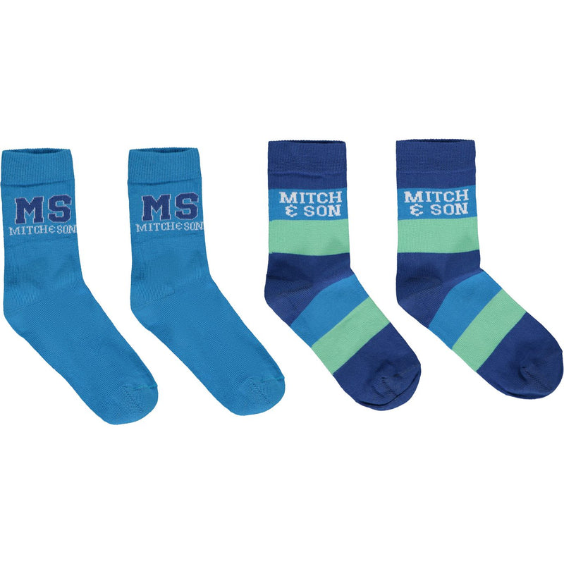 SS23 Mitch & Son KIERAN Bright Blue Green & White Striped Logo Two Pack of Socks