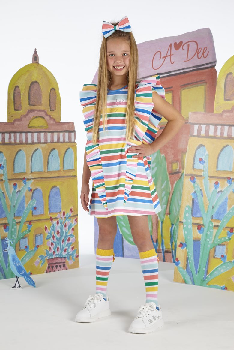 SS23 ADee URVI Bright White Multicoloured Stripe Frill Dress