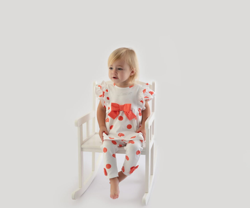 SS23 Little A HARLO Bright White & Coral Polka Dot Bow Frill Leggings Set
