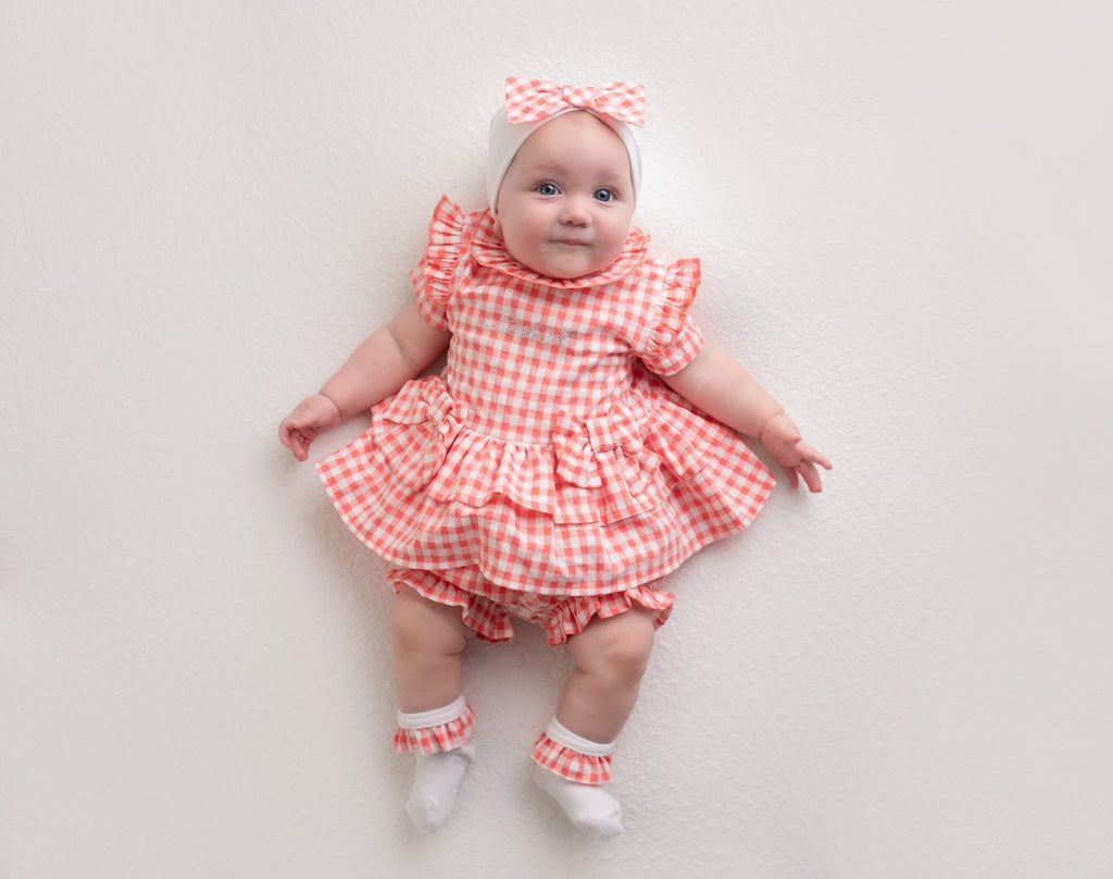 SS23 Little A HALO Bright Coral & White Checked Bow Frill Shorts Set