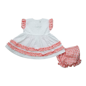 SS23 Little A HEATHER Bright White & Coral Checked Frill Dress & Knickers Set