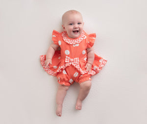 SS23 Little A HOPE Bright Coral & White Polka Dot Heart Checked Bow Frill Romper