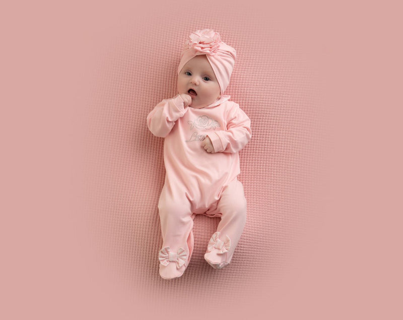 SS23 Little A GENEVIEVE Pale Pink & White Checked Diamante Logo Rose Babygrow