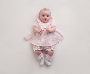 SS23 Little A GILL Pale Pink & White Checked Bow Frill Shorts Set