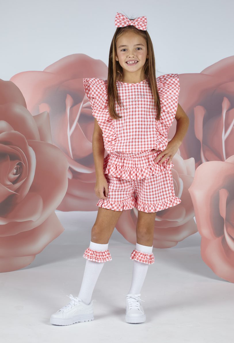 SS23 ADee YVETTE Bright White & Coral Checked Frill Shorts Set