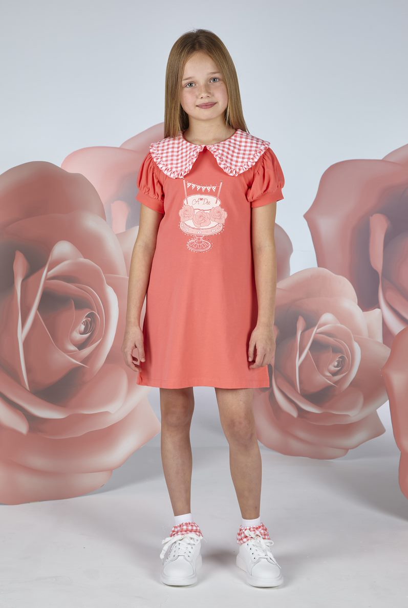 SS23 ADee YSABELLA Bright Coral & White Cake Party Checked Collar Dress
