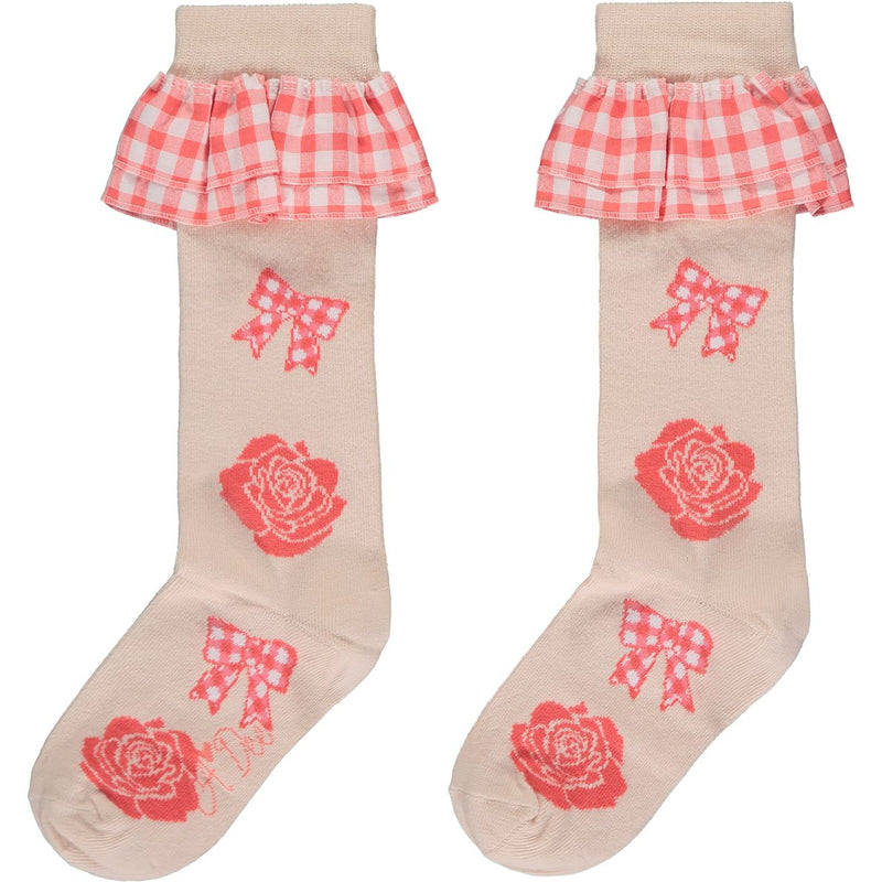 SS23 ADee YASMINA Bright Coral & White Rose Print Bow Checked Knee High Socks